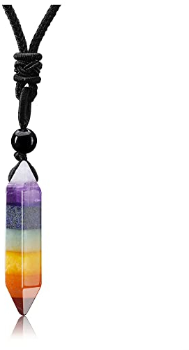 GEHECRST Edelstein 7 Chakra Heilsteine Kette Hexagon Säulen Anhänger Halskette für Herren und Damen, Kristall Halskette Amulett für Chakra Yoga,Reiki Heilung und Meditation (7 Chakra)