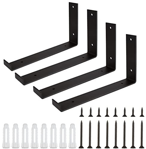 JMIATRY 4 Pcs Heavy Duty Shelf Bracket, 10 Inch Black Metal Scaffold Board Shelf Brackets, L Shape Shelf Brackets for Wall Mounted Shelves with Screws and Anchors