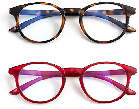 EYEGUARD Ultra Dünn 2er Pack Lesebrille Damen und Herren, Runde Leichte Blaulichtfilter Lesebrille mit Federscharnieren, Schildpatt/rot +2,50 Dioptrien