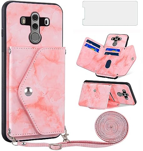 Asuwish Funda para Huawei Mate 10 Pro con Cuerda y Cristal Protector de Pantalla Tarjetero Plegable Cadena Cuero Monedero Capa para Hawaii Mate10 10Pro BLA-L29 Carcasa Case Rosa
