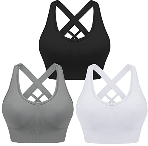 Leversic Sport BH Damen Push up, Sports Bra Ohne Bügel Sport BH Rückenfrei, mit Breiten Trägern für Besseren Halt und Unterstützung, 3PCS-Schwarz+Weiß+Grau, M