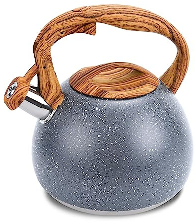 KIAADSY Tea Kettle, 2.7 Quart Whistling Tea Kettle Stovetop, Tea Pots for Stove Top Food Grade Stainless Steel with Wood Pattern Handle, Grey Teapot