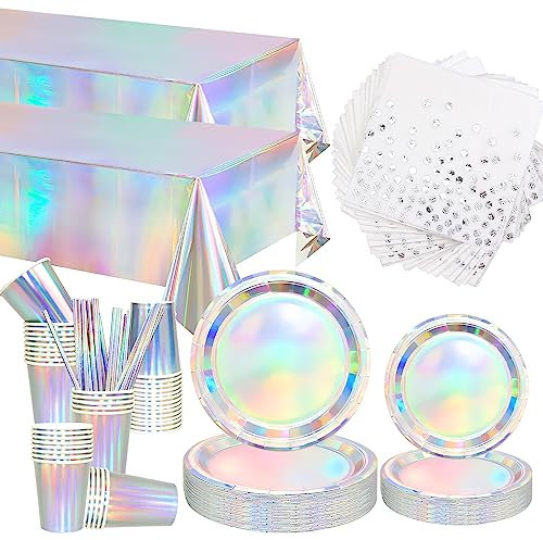 Obussgar Lot de 252 Fournitures de fête irisées – Vaisselle de fête holographique Comprenant des nappes en Aluminium avec pailles irisées pour Anniversaire, des années 70 et 80 – pour 50 Personnes