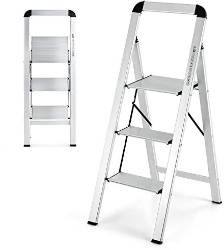 COSTWAY Trittleiter 3 Stufen Stehleiter, Aluminium Klappleiter bis 150 kg, Klapptritt Klappbar & rutschfest, Leiter Tritthocker Haushaltsleiter, für Zuhause Büro Garage, Silber(3-Stufen 44x62x109 cm)