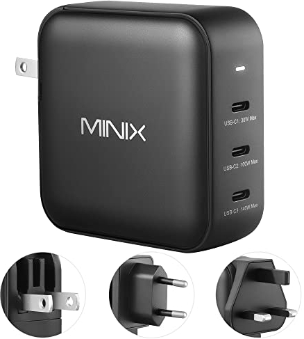 MINIX NEO P140 GaN III 140W USB-C-Ladegerät mit 3 USB-C-Anschlüssen (max. 140 W), faltbares Schnellladegerät, kompatibel mit MacBook Pro/Air, iPad Pro, iPhone 14 Pro/13,Galaxy, Laptop und mehr.