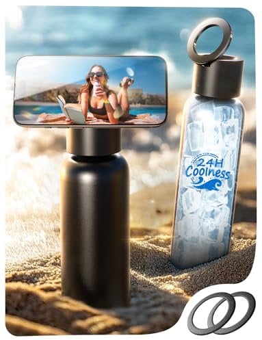 AINOPE Smart Hot Water Bottle for Magsafe With Handle - Fit iPhone 16, Black Metal Cup Phone Holder 360° Rotate - Stainless Steel Bottle for Gym Sport 24oz
