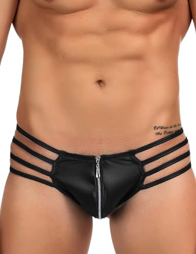 ohyeahlady String Tanga Männer Sexy Ouvert Slip Herren PU Leder Bulge Underwear Große Größen Sissy Höschen Punk Unterwäsche Mini Thong T-Back Jockstrap Wetlook Shorts Party Clubwear Schwarz L