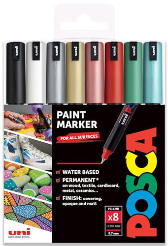 Posca Water Based Permanent Marker Paint Pen - Multi Surface Use - PC-1MR, 0.7mm Ultra Fine - Set of 8 in Gift Wallet - Christmas Tones