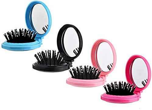 4 Stück runde Reise-Haarbürste mit Spiegel, faltbare Tasche, Haarbürste, Mini-Haarkamm, kompakte Reisegröße, Haarmassage-Kamm für Frauen und Mädchen