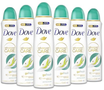 Dove Advanced Care Go Fresh Birne und Aloe Vera, mit feuchtigkeitsspendender und hautfreundlicher Formel, ohne Alkohol, trockene Haut bis zu 72 Stunden, Deodorant für Damen und Herren, 6 Stück à 150