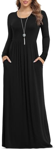 Anelune Dresses for Women Long Sleeve Loose Plain Plus Size Maxi Dresses Casual Long Dresses with Pockets Black X-Large
