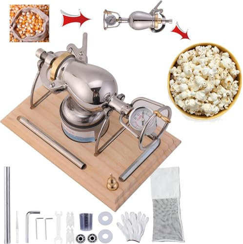 OmePS Mini home popcorn machine, Hot Air Popcorn Machine, manual grain amplifier, popcorn pot, 304 stainless steel, capacity 230 ml, with base, for Home Party, bright silver