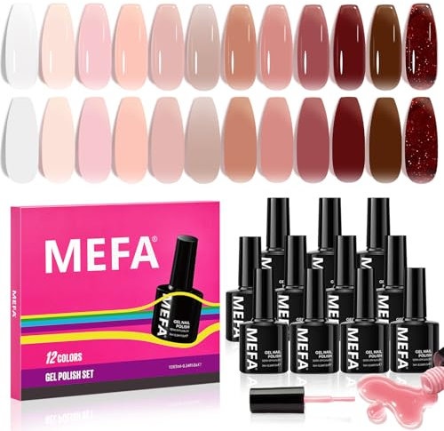 MEFA Red Gel Nail Polish Set - 12 Colors Nude Pink Polish, Jelly UV Led Dark Red Glitter Soak Off Manicure at Home DIY Salon for Women