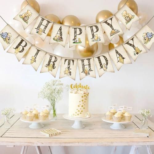 Bannières d'anniversaire Winnie classiques Winnie l'ourson Happy Birthday - Fournitures de décoration d'anniversaire Winnie