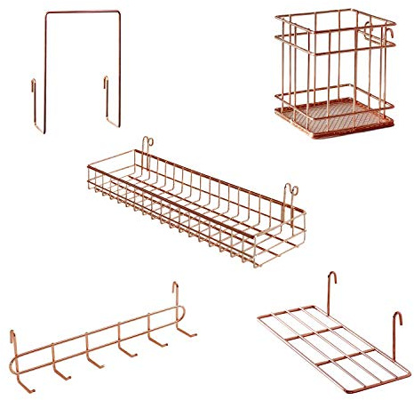 MOIUCUN Wandgitter Hängekorb, Hängeregal, Stifthalter, Hakenablage, Bücherregal, Wandgitter Zubehör, 5er Set (Roségold)