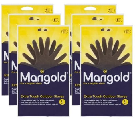 6 X Gardening Rubber Gloves Extra Tough & Non-Slip Grip for Outdoor Cleaning | Roll-top Cuffs Cotton-lined & Double Layered | Large Black