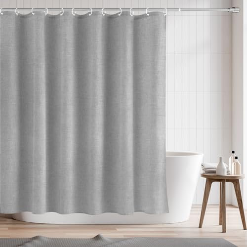 RAYNEAY Rideau de douche en lin naturel résistant à l'eau, 180 x 180 cm, en tissu texturé en lin avec ourlet lesté et crochets pour salle de bain, chambre humide, baignoire (gris)