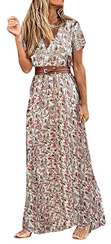 Skang Damen Sommerkleid Boho Elegant V-Ausschnitt Kurzarm Maxikleid Drucken Sommer Lang Kleid Strandkleid Böhmisch Blumenkleid Partykleid Freizeitkleid mit Gürtel