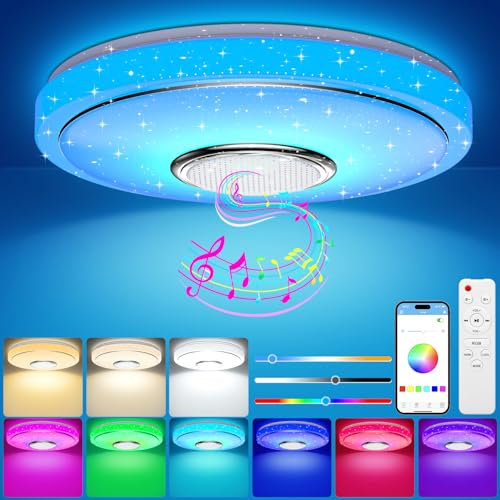 OGVDOE Lámpara de Techo LED Regulable 48W RGB Plafon LED Techocon Altavoz Bluetooth Ø30CM Plafón LED Lampara Techo con Mando a Distancia y Control APP Luz de Dormitorio Para Baño Sala de Estar