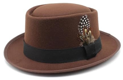 WOYUANSHA Cowboyhüte Vintage Gebogener Fedora-Hut Für Männer Und Frauen Jazz-Hut Mit Feder Kirchen-Pork-Pie-Hüte 56–58 cm Braun