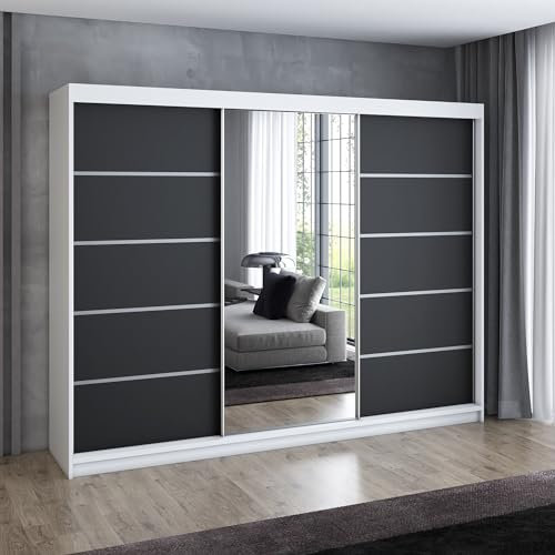 A&J MöbelLand Schwebetürenschrank VILANO 1, 3-türig Schrank 200 cm Kleiderschrank mit 4 Schubladen, und Spiegel (Weiß, Schwarz, Somona) (Weiß/schwarz/schwarz)
