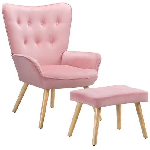 BAKAJI Poltrona con Sgabello da Soggiorno, Poltroncina con Pouf Poggiapiedi da Salotto, Sedia per Camera da Letto Imbottita con Rivestimento in Velluto Morbido, Braccioli Alti, Design Moderno (Rosa)
