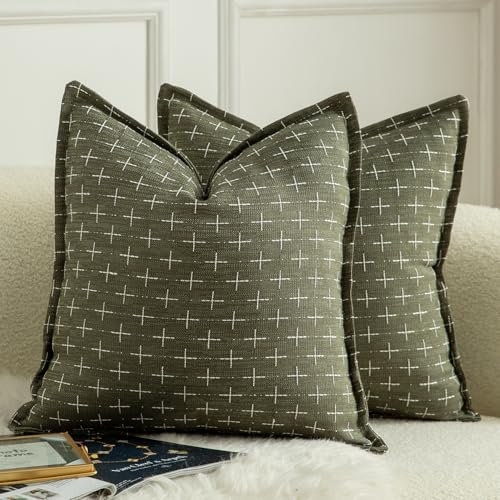 Mandioo 2er Set Kissenbezug Hanftuch Weben Textur Modern Bauernhaus Kissenbezüge Kissenhülle Dekorieren Zierkissenbezug Sie Wohnzimmer Sofa Schlafzimmer Bett 45x45cm Olivgrün