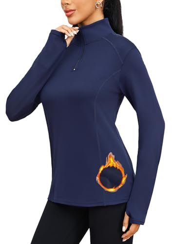 Terecey Damen Langarm Funktionsshirt Atmungsaktiv Wandershirt mit 1/4 Zip und Daumenloch Schnelltrocknend Stretch Langarmshirt Longsleeve Running Top Sportoberteil fur Fitness Gym Sport, Navy Blau S