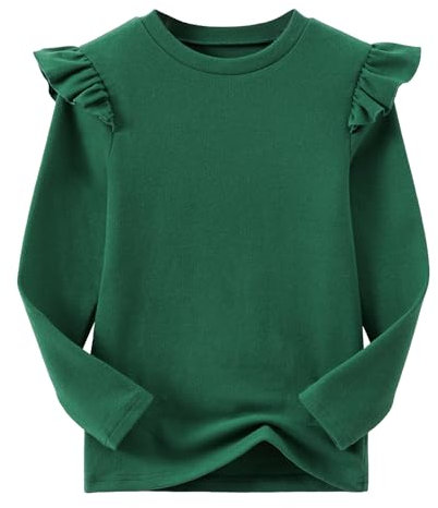 Ugitopi Girls Long-Sleeve Cotton T-Shirt with Ruffled Sleeves – Comfortable Crew-Neck Tee for Everyday Wear (Dark Green, 140)