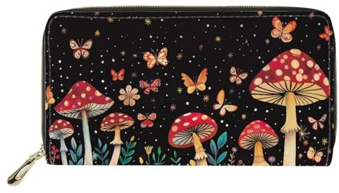 Biyejit Lange Damen-Geldbörse aus Leder, Reisegeldbörse, Kreditkartenhalter, Handy-Clutch, großes Fassungsvermögen, mit Reißverschluss, Pilz-Schmetterling, Einheitsgröße, Lässiger Druck