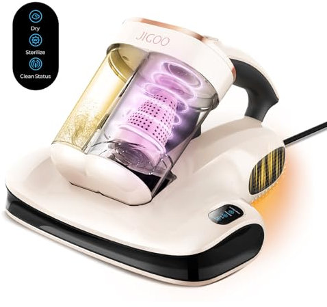 JIGOO S100 Aspiratore acaro per materassi, aspirapolvere antiacari con sensore acaro della polvere, indicatore LED, vibrazione, luce UV, ultrasuoni, rimuove il 99,9% degli allergeni, per chi soffre di