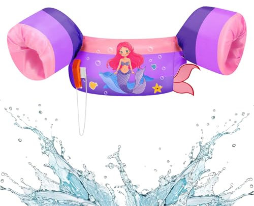 HeySplash Chaleco de Natación para Niños, Manguitos Flotantes para Nadar Piscina Flotadores de Brazos Duraderos con Banda Ajustable y Hebilla Segura para Niños de 10-20 kg, Sirena Rosa Morado