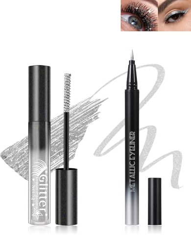 Silber Glitzer Mascara & Eyeliner Set, Diamond Shimmer Wimperntusche Länge and Volume, Liquid Ultrafeiner Metallic Glitter Eyeliner, Wasserfest Langlebig, High Pigment Augen-Makeup für Cosplay Party