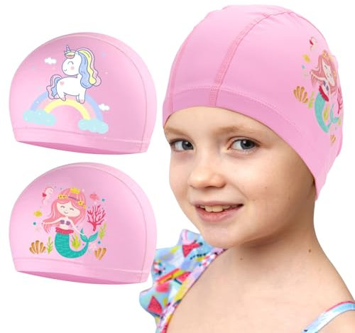 Cuffia da nuoto da bambina, 2 pezzi, per bambini di età compresa tra 2 e 10 anni, rivestimento in PU impermeabile, per ragazze e capelli lunghi