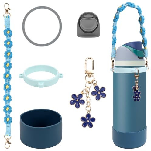 Comprehensive Compatible Owala Accessories Set: Silicone Boot for 24oz & 32oz Bottles, Water Bottle Handle Strap, Bottle Seal Ring, Replacement Stopper, Charms, Compatible Owala FreeSip (Blue, 32 oz)