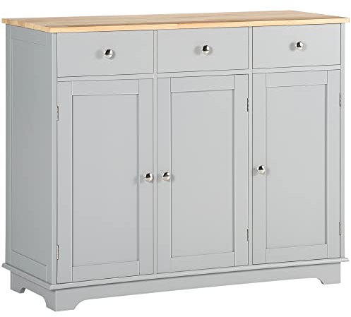 HOMCOM Modern Sideboard with Rubberwood Top, Buffet Cabinet with Storage Cabinets, Drawers and Adjustable Shelves for Dining Room, Kitchen, Grey