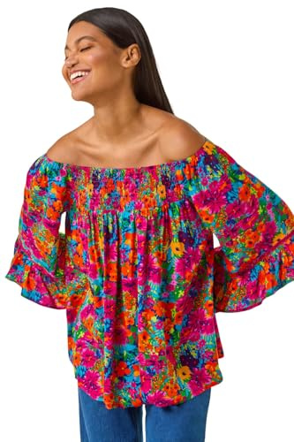Roman Originals Bardot Top Off Shoulder Blouse for Women UK - Ladies Floral Print Shirt Palm Leaf Tropical Ditsy Cold Shoulder Jersey Frill Cuff Summer Spring Holiday - Orange Floral - Size 12
