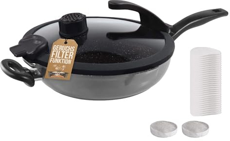 STONELINE Future Aluguss Pfanne hoher Rand 28 cm Schmorpfanne mit Deckel Geruchsfilter kleinste Dunstabzugshaube, Pfanne Antihaftbeschichtet mit echten Steinpartikeln, Alle Herdarten Induktion