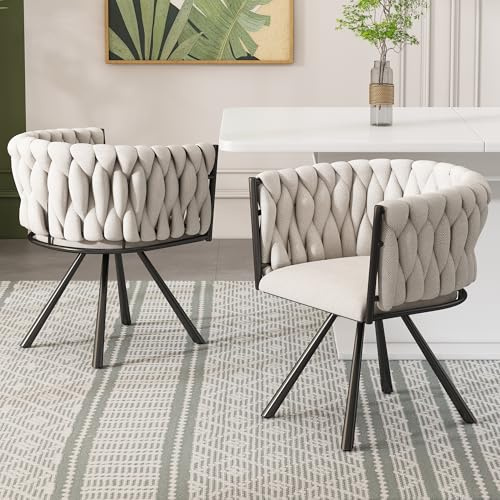 Merax Leinen Drehstuhl 2er Set, Moderne Esszimmerstuhl aus Leinen, Armlehnstuhl Drehbar mit Metallbeinen, für Esszimmer, Wohnzimmer, Schlafzimmer, Beige