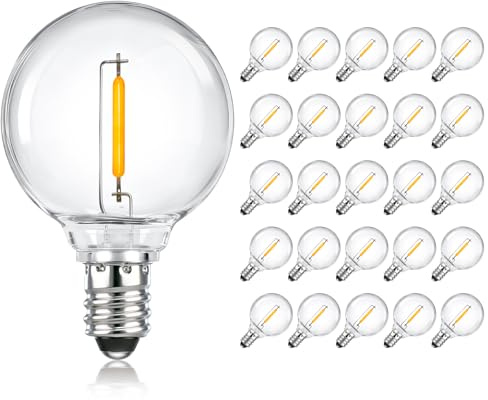 SCNNC 25 Stück x E12 G40 LED Glühbirnen Außen Kunststoff 1W 220V Warmweiß 2700K, IP54 Wasserdicht LED Filament E12 Nicht Dimmbar, Klar Globe G40 Ersatzbirnen für Lichterketten Garten Party