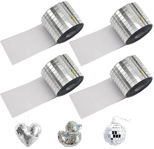 4 Rollen 4cm x 1m Spiegel Mosaik Wandaufkleber für DIY Bastelprojekte | 6400 Stück Silber Selbstklebend Discokugel Klebestreifen, Discokugel Deko Spiegel Mosaik Selbstklebend