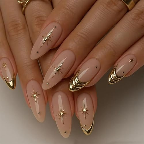 SUMINGGO 24Pcs Press on Nails Medium Almond - Fake Nails With Designs Full Cover With Glue Press ons Reusable Artificial Stick on Nails for Women(Gloden Star)