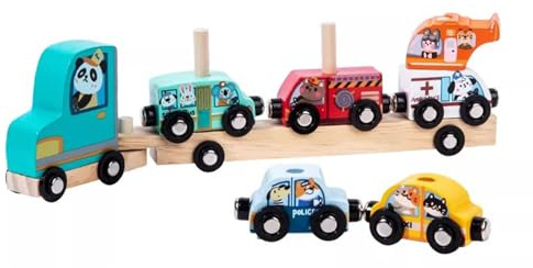 LLTCMYGS Montessori Magnetisches Holzauto-Set, 8-teiliges Cartoon-Tierfahrzeug-Spielzeug für Kinder