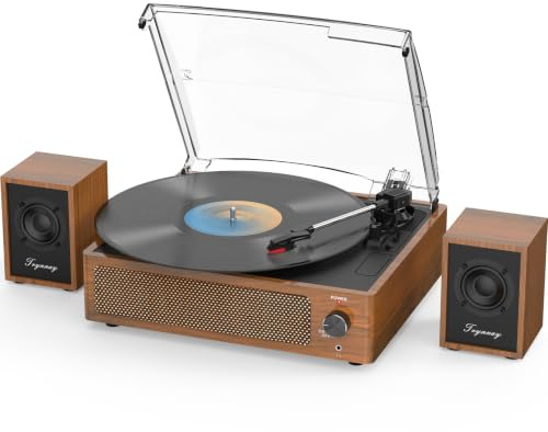 Trynnay Record Player with Passive Bookshelf Speakers, Bluetooth Turntable for Vinyl Records, 3 Speeds, Wireless AUX Input, Headphone Jack, and Auto-stop Function, Retro Brown