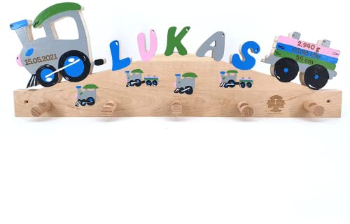 Kindergarderobe - Kleiderhaken Kinder - Holz mit Name (Eisenbahn)