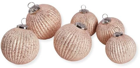 Loberon Weihnachtsschmuck 6er Set Mane, Verschiedene Größen, mit geriffelter Linienprägung, handgefertigt, Weihnachtskugeln, Weihnachtsdeko, Christbaumschmuck, Glas, Messing, Jute, rosa