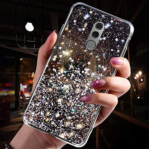 Uposao Coque pour Huawei Mate 10 Pro Coque Silicone Glitter Sparkle Paillettes Bling Brillante Étoile Motif Transparent Coque Antichoc Gel TPU Flex Soft Skin Etui Girly Case pour Fille Femmes,Noir