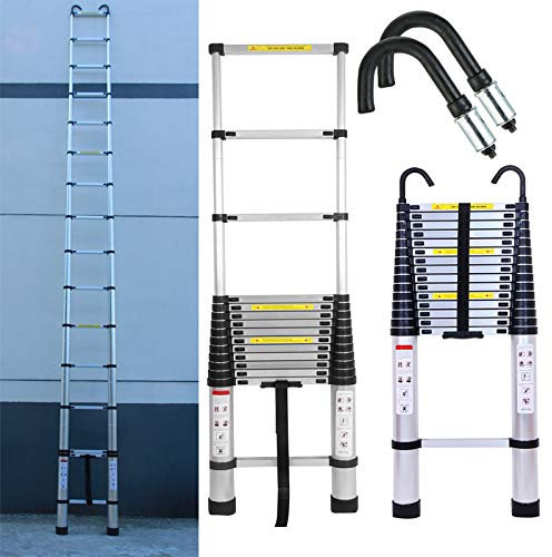 6.2m 20.4 Foot Aluminum Extension Foldable Telescopic Ladder & Attic Loft Roof Hook Kit Telescoping Ladder Extendable Capacity Max Load 150kg/330lb EN 131 Light-Weight 17kg( 36lbs)