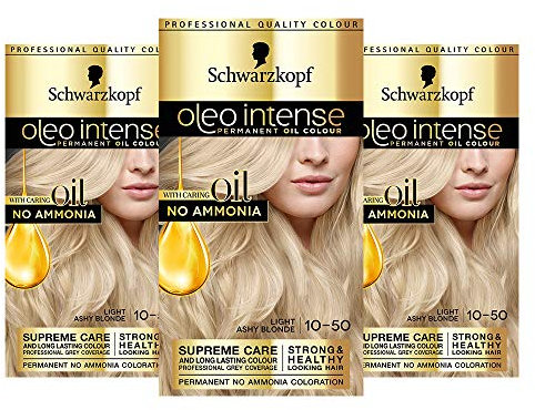 Schwarzkopf oleo intense Haarfarbe, Dreierpack, Permanente Ölfarbe, ohne Ammoniak, deckt Grau ab, Aschblond 10-50