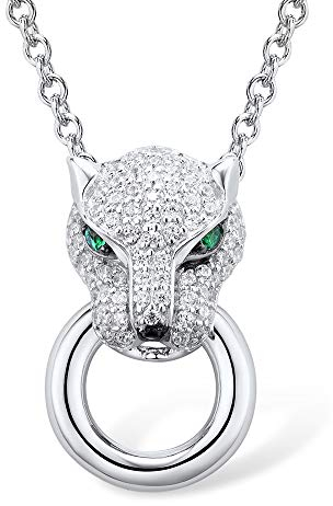 namana Atemberaubende Panther Halskette für Damen. 925 Sterling Silber Halskette für Frauen mit grünen und weißen Zirkonia Edelsteinen mit einem Panther Motiv. Sterlingsilber Halskette